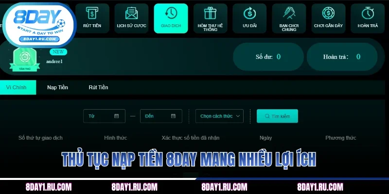 Thủ tục nạp tiền 8DAY mang nhiều lợi ích